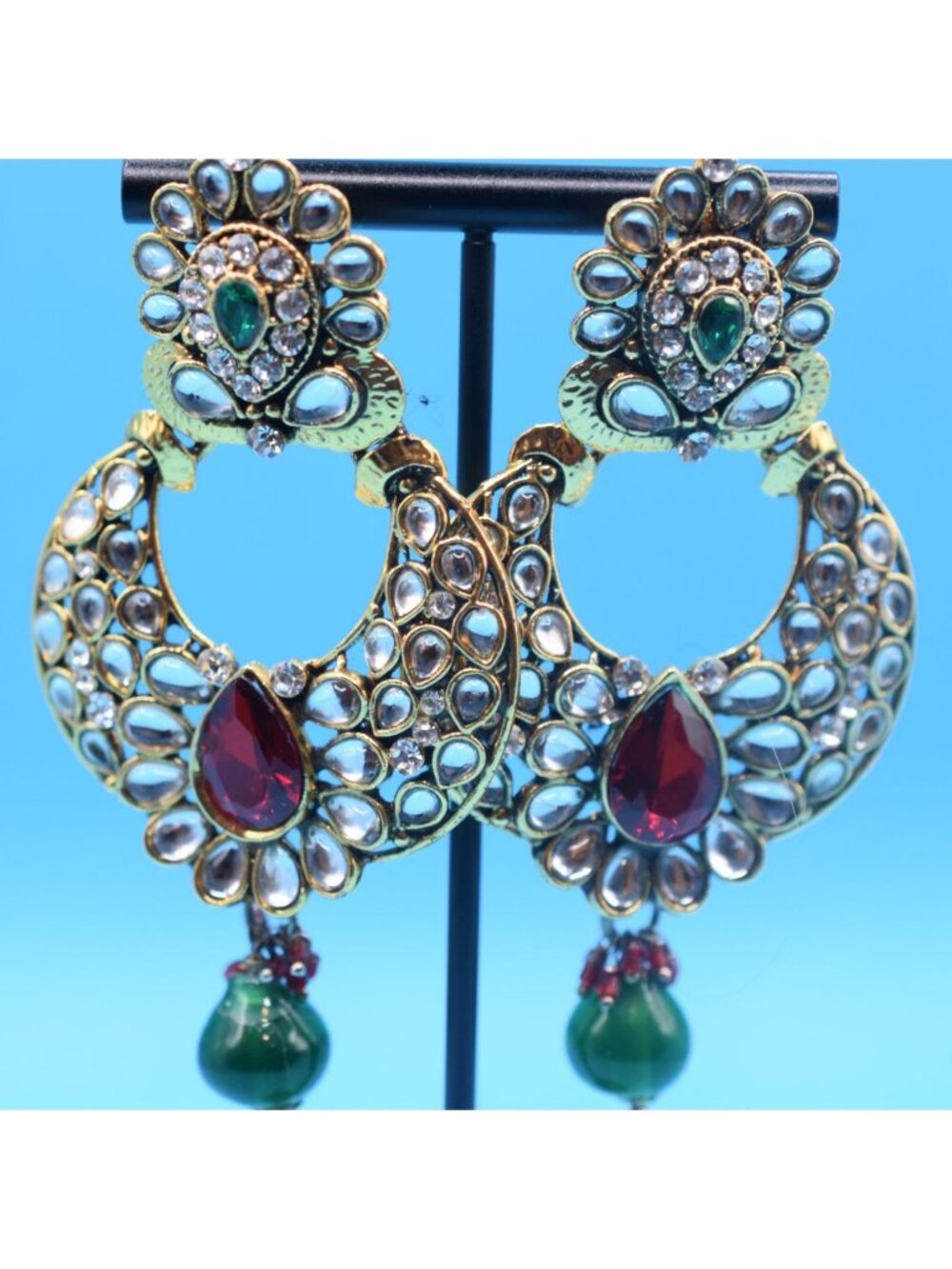 Elegant Kundan Chandbali Earrings With Red & Green Gemstones Gold-Tone Finish In
